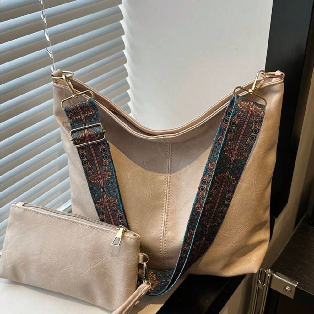Elegant Beige Women's Bag with Patterned Strap